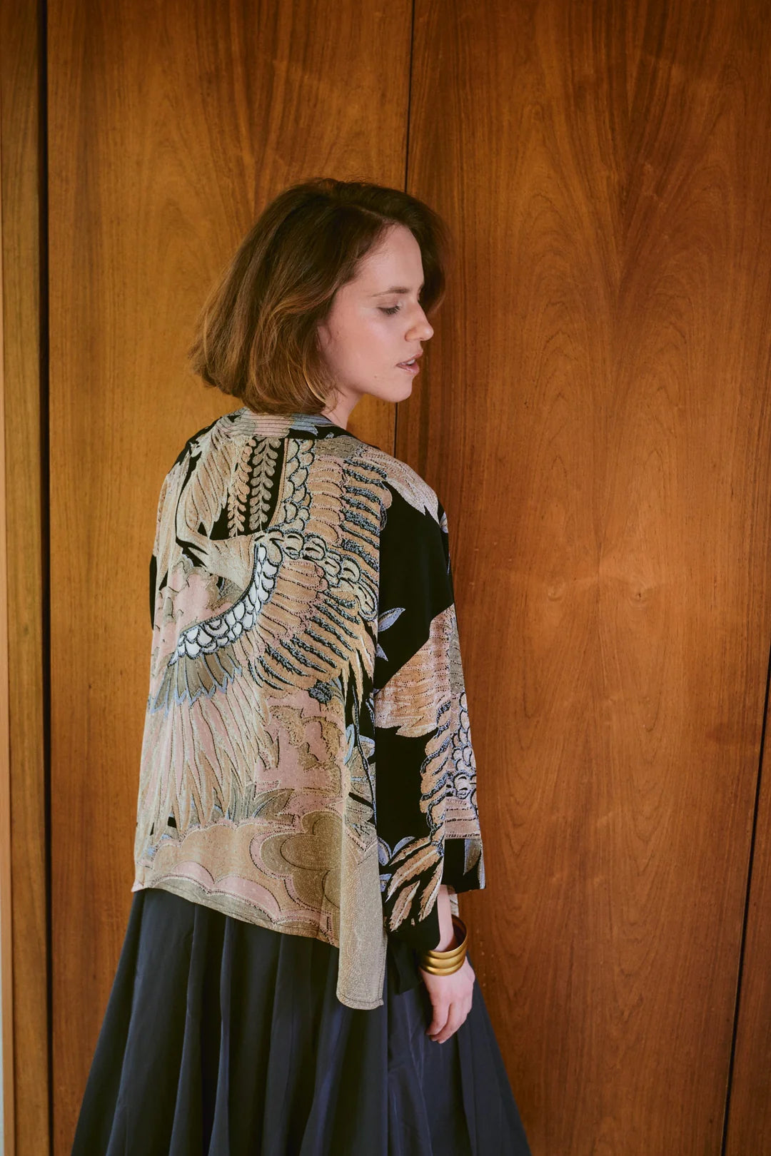 Crane black crepe kimono