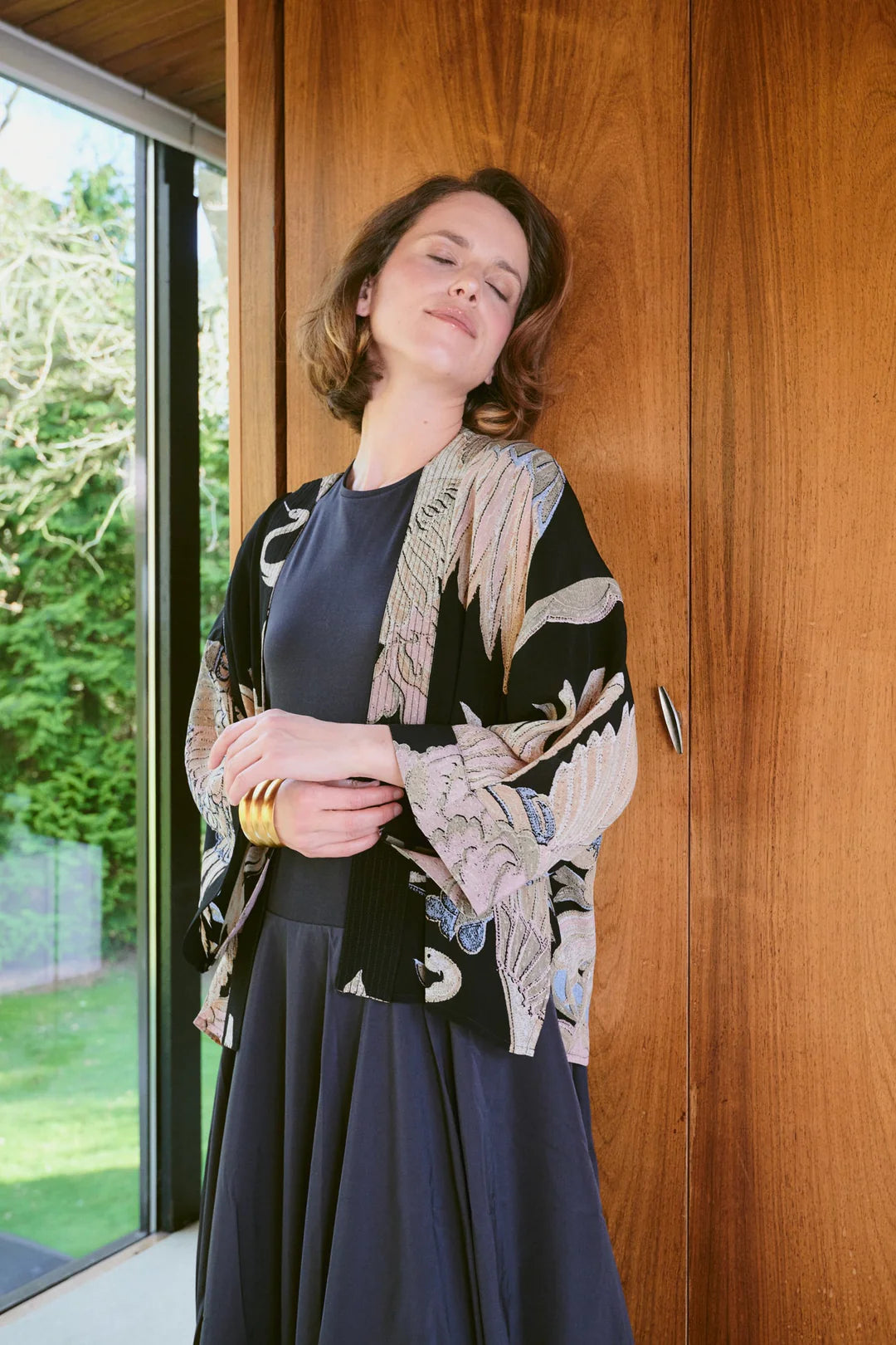 Crane black crepe kimono