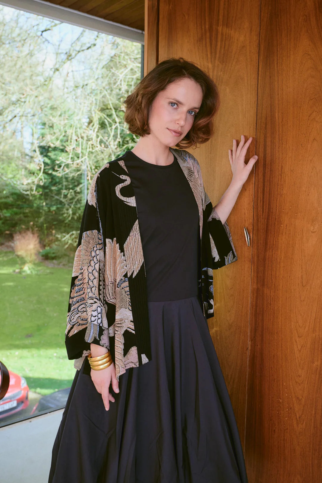Crane black crepe kimono