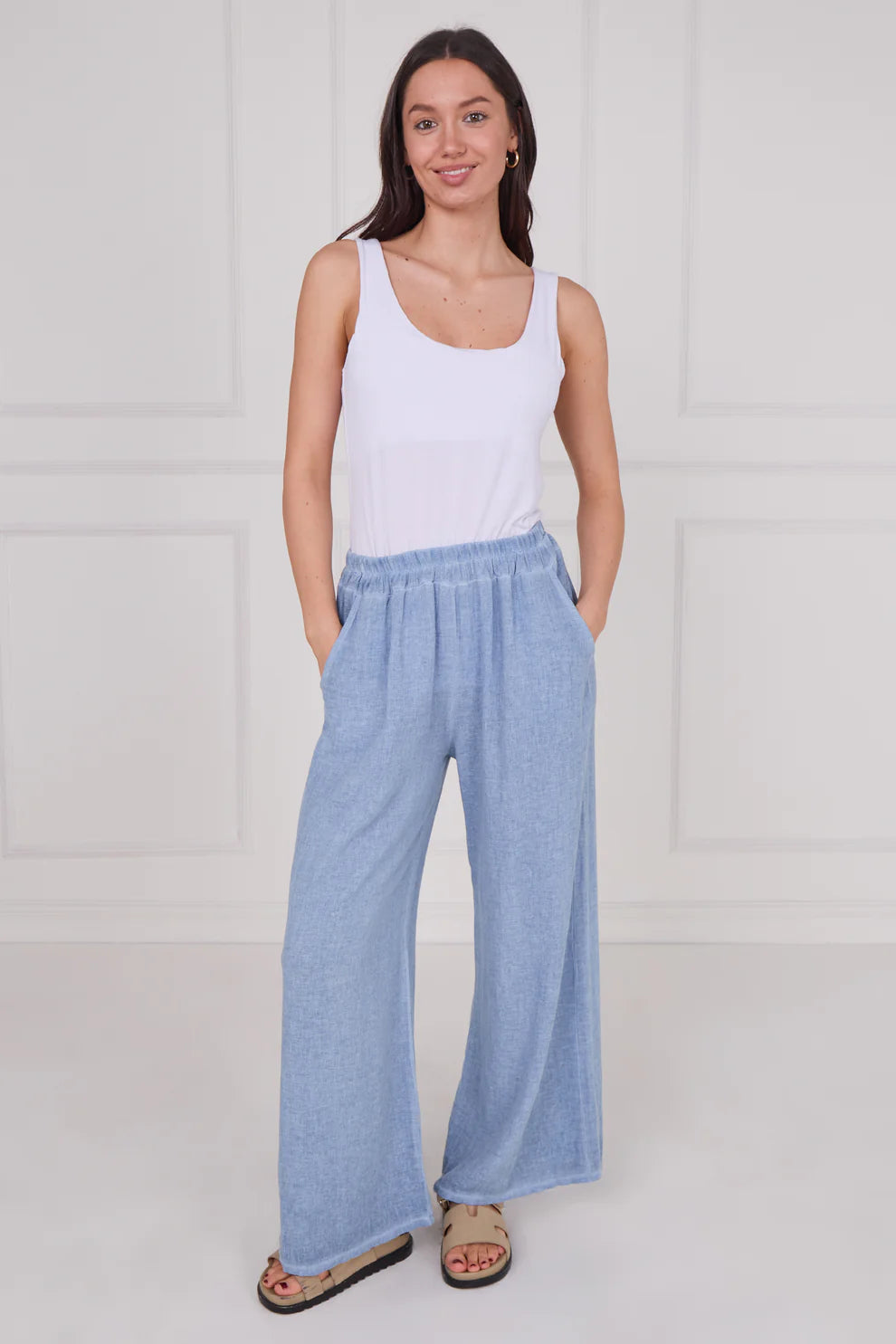 Washed linen wide leg trousers