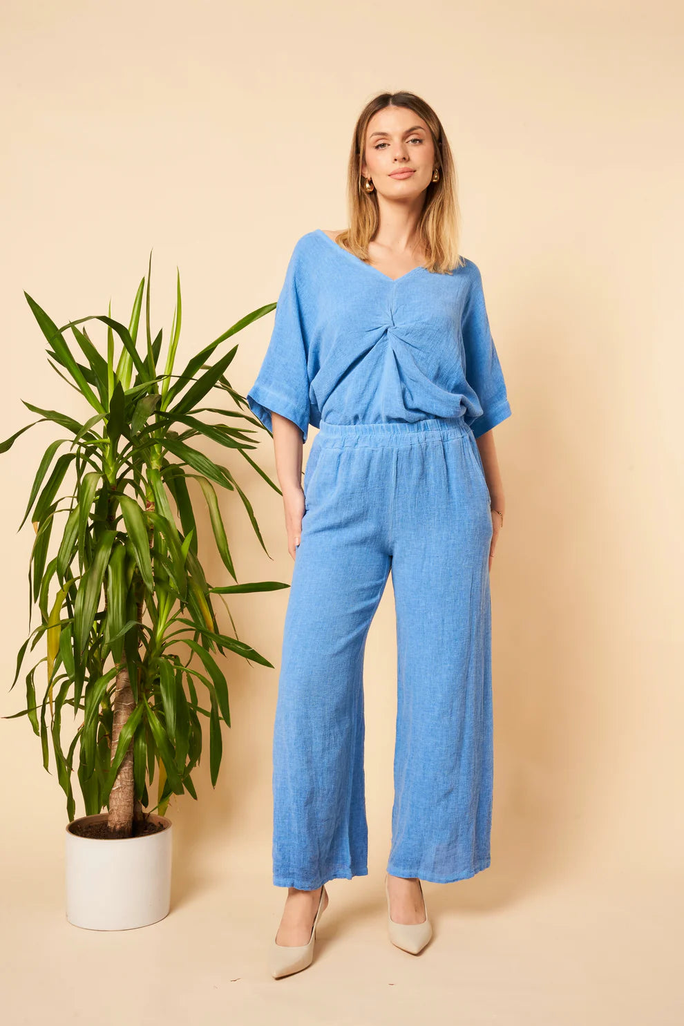 Washed linen wide leg trousers